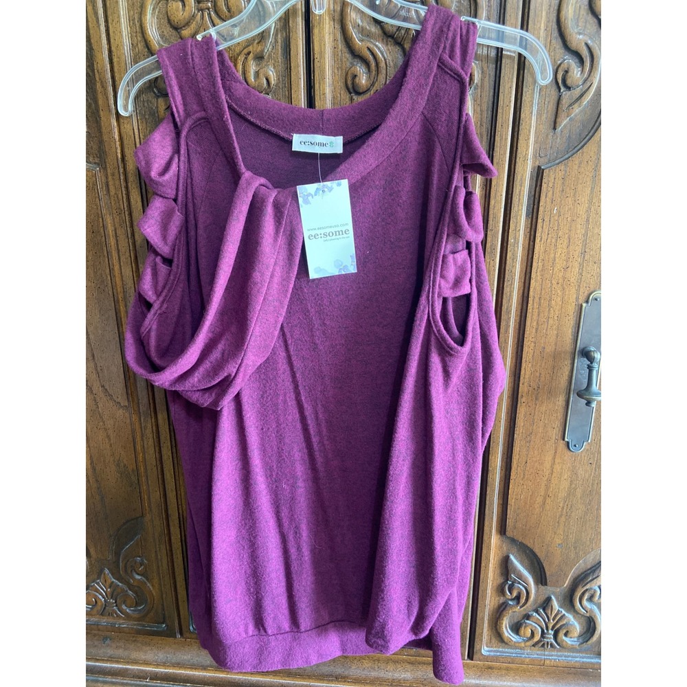 Ee:some Womens Cold Shoulder Bow Detail Knit Top Purple Small Soft
